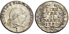 Parma. Fernando I di Borbone, 1765-1802. Da 3 lire 1790, AR 3,61 g. FERD I H I D G PAR PLAC VAST DVX Testa a d.; sotto, stella. Rv. LIRE / TRE / DI / ...