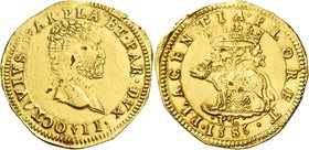 Piacenza. Ottavio Farnese, 1547-1586. Quadrupla 1586, AV 13,30 g. OCTAVIVS · FAR · PLA ET · PAR · DVX · II Testa a d. Rv. PLACENTIA · FLORET Lupa grad...