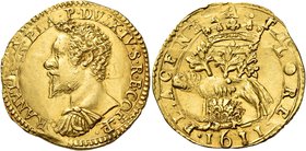 Piacenza. Ranuccio I Farnese, 1592-1622. Quadrupla 1611, AV 12,73 g. RANVT FAR PLA P DVX IV S R E CO F P Busto corazzato a s. Rv. PLACENTIA FLORE Lupa...