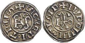 Roma. S. Nicolò I, 858-867 con Ludovico II, 855-867. Denaro, AR 1,43 g. + SCS PETRVS intorno a NICOLAVS in monogramma. Rv. LVDOVVICVS IP nel campo ROM...