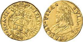 Roma. Giulio III (Giovanni Maria Ciocchi del Monte), 1550-1555. Scudo anno II, AV 3,40 g. IVLIVS III – P M A II Stemma sormontato da triregno e chiavi...