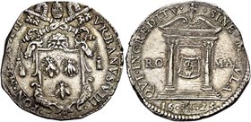 Roma. Urbano VIII (Maffeo Barberini), 1623-1644. Testone anno santo 1625/II, AR 9,44 g. VRBANVS VIII PON MAX A II Stemma, con maschera leonina in cima...