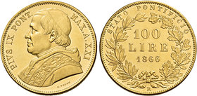 Roma. Pio IX (Giovanni Maria Mastai Ferretti), 1846-1878. Monetazione decimale: 1866-1870. Da 100 lire anno XXI/1866. Pagani 519. Berman 3330.
Molto ...