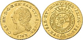 Savoia. Carlo Emanuele III, 1730-1773. II periodo: nuova monetazione, 1755-1773. Mezza doppia nuova 1763, Torino, AV 4,79 g. CAR EM D G REX SAR CYP ET...