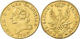 Savoia. Vittorio Amedeo III, 1773-1796. Mezza doppia 1789, Torino, AV 4,51 g. VIC AM D G REX SARDINIAE Busto a s.; sotto, nel giro, 1789. Rv. DVX SABA...
