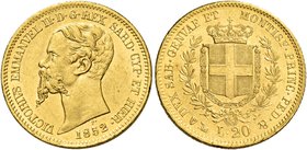Savoia. Vittorio Emanuele II re di Sardegna, 1849-1861. Da 20 lire 1852 Genova. Pagani 341. MIR 1055f.
Migliore di Spl