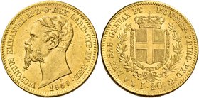 Savoia. Vittorio Emanuele II re di Sardegna, 1849-1861. Da 20 lire 1859 Genova. Pagani 354. MIR 1055t.
Migliore di Spl