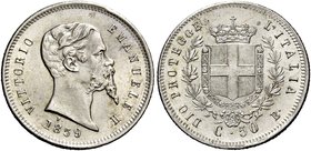 Savoia. Vittorio Emanuele II re eletto, 1859-1861. Da 50 centesimi 1859 Bologna. Pagani 442. MIR 1068a.
Rara. Fdc

NGC MS65