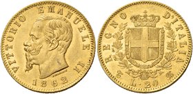 Savoia. Vittorio Emanuele II re d’Italia, 1861-1878. Da 20 lire 1862 Torino. Pagani 456. MIR 1078c.
Spl