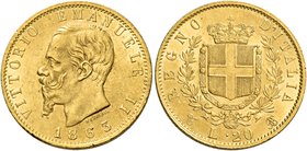 Savoia. Vittorio Emanuele II re d’Italia, 1861-1878. Da 20 lire 1863 Torino. Pagani 457. MIR 1078d.
Migliore di Spl