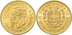Savoia. Vittorio Emanuele II re d’Italia, 1861-1878. Da 10 lire 1863 Torino. Pagani 477. MIR 1079b.
q.Fdc