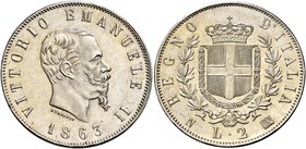 Savoia. Vittorio Emanuele II re d’Italia, 1861-1878. Da 2 lire 1863 Napoli. Stemma. Pagani 506. MIR 1083c.
Fdc