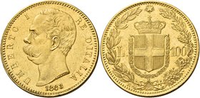Savoia. Umberto I re d’Italia, 1878-1900. Da 100 lire 1883. Pagani 569. MIR 1096c.
Rara. Segnetti, altrimenti Spl