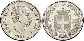 Savoia. Umberto I re d’Italia, 1878-1900. Da 50 centesimi 1889. Pagani 608. MIR 1104a.
Rara. Fdc
