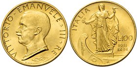 Savoia. Vittorio Emanuele III re d’Italia, 1900-1946. Da 100 lire 1931/IX. Pagani 646. MIR 1118a.
Impercettibile colpetto al dr., altrimenti q.Fdc