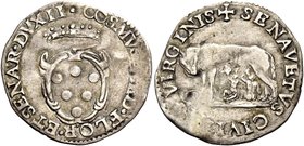 Siena. Cosimo I de’Medici duca di Firenze e Siena, 1557-1569. Mezzo giulio, AR 1,48 g. COSMVS MED FLOR ET SENAR DVX II Stemma coronato. Rv. + SENA VET...