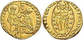 Venezia. Andrea Contarini, 1368-1382. Ducato, AV 3,54 g. ANDR 9TARENO – S M VENETI S. Marco, stante a s., porge il vessillo al doge genuflesso; lungo ...