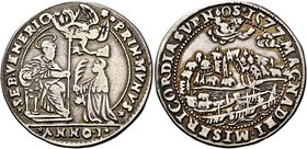 Venezia. Sebastiano Venier, 1577-1578. Osella anno I/1577, AR 9,36 g. SEB VENERIO – PRIN MVNVS S. Marco seduto in trono a s., porge il vessillo al dog...