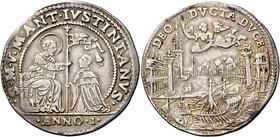 Venezia. Marc’Antonio Giustinian, 1684-1688. Osella anno I (1684), AR 9,41 g. S M V M ANTONIVS IVSTINIANVS S. Marco seduto in trono a s., porge con la...