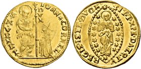 Venezia. Giovanni II Corner, 1709-1722. Zecchino, AV 3,49 g. IOAN CORNEL – S M VENET S. Marco nimbato, stante a s., porge il vessillo al doge genufles...