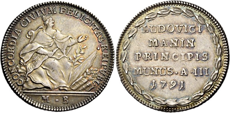 Venezia. Ludovico Manin, 1789-1797. Osella anno III/1791, AR 9,71 g. CONCORDIA C...