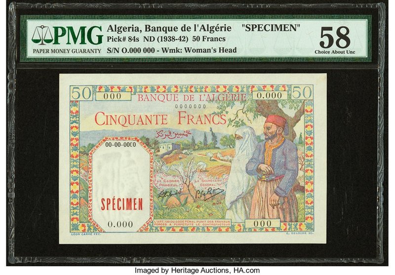 Algeria Banque de l'Algerie 50 Francs ND (1938-42) Pick 84s Specimen PMG Choice ...