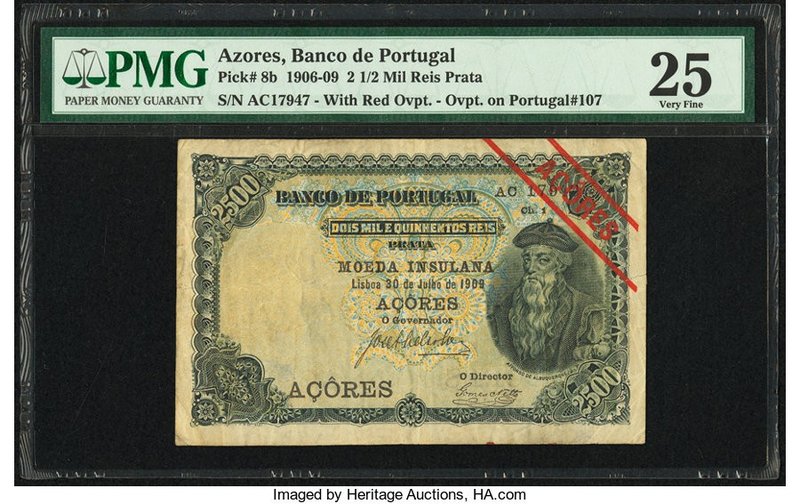 Azores Banco de Portugal 2 1/2 Mil Reis Prata 30.7.1909 Pick 8b PMG Very Fine 25...