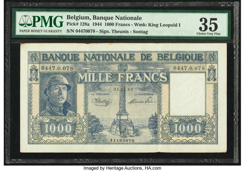 Belgium Nationale Bank Van Belgie 1000 Francs 21.11.1944 Pick 128a PMG Choice Ve...