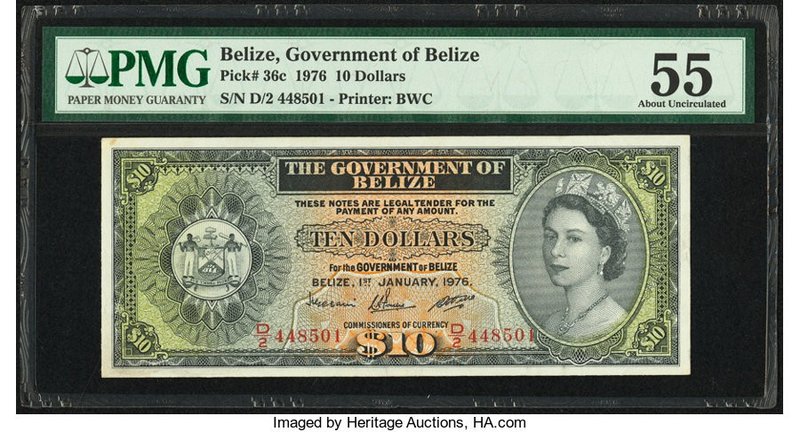 Belize Government of Belize 10 Dollars 1.1.1976 Pick 36c PMG About Uncirculated ...