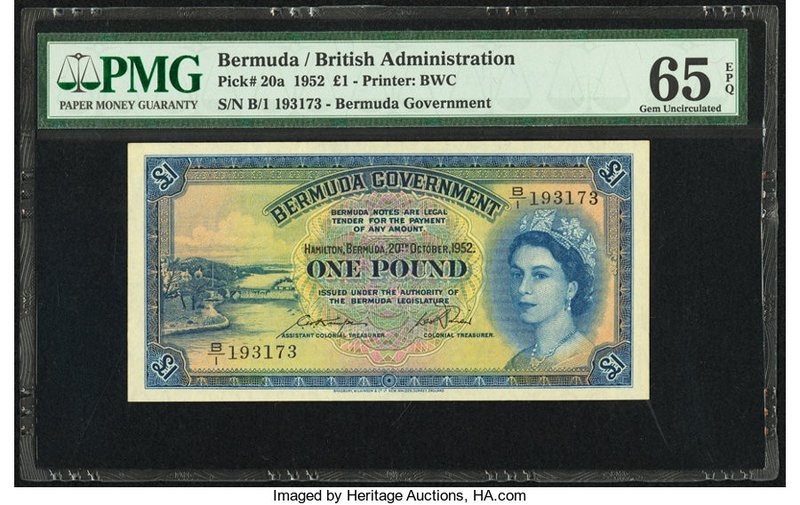 Bermuda Bermuda Government 1 Pound 20.10.1952 Pick 20a PMG Gem Uncirculated 65 E...