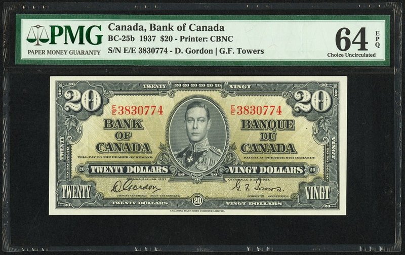 Canada Bank of Canada $20 2.1.1937 BC-25b PMG Choice Uncirculated 64 EPQ. 

HID0...