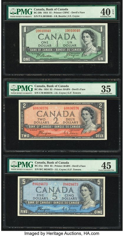 Canada Bank of Canada $1; 2; 5 1954 BC-29b; BC-30a; BC-31a Three Examples PMG Ex...