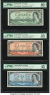Canada Bank of Canada $1; 2; 5 1954 BC-29b; BC-30a; BC-31a Three Examples PMG Extremely Fine 40 EPQ; Choice Very Fine 35; Choice Extremly Fine 45. 

H...