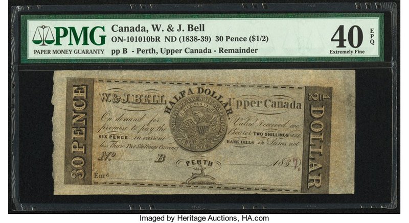 Canada W & J Bell, Perth, Upper Canada 30 Pence ($1/2) ND (1838-39) ON10-10-10bR...