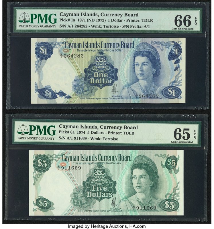 Cayman Islands Currency Board 1; 5 Dollar 1971 (ND 1972); 1974 Pick 1a; 6a Two E...