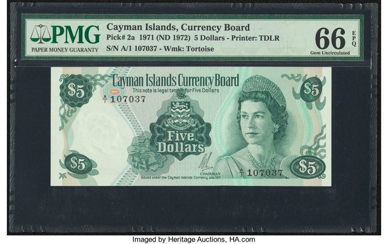 Cayman Islands Currency Board 5 Dollars 1971 (ND 1972) Pick 2a PMG Gem Uncircula...