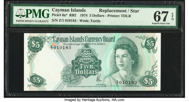 Cayman Islands Currency Board 5 Dollars 1974 (ND 1981) Pick 6a* Replacement PMG ...