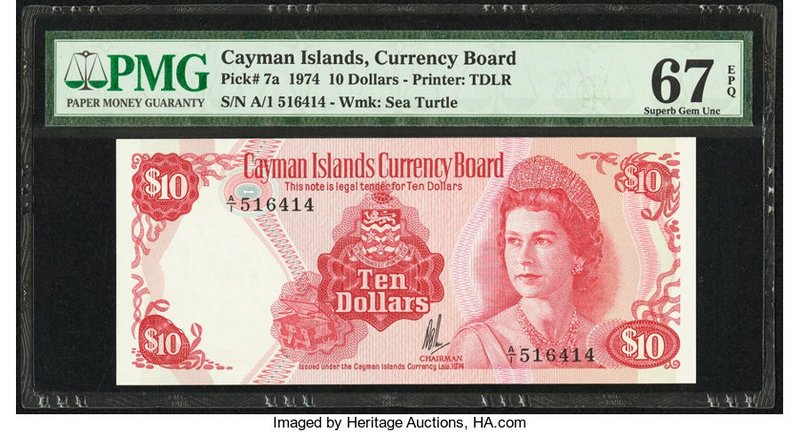 Cayman Islands Currency Board 10 Dollars 1974 (ND 1981) Pick 7a PMG Superb Gem U...