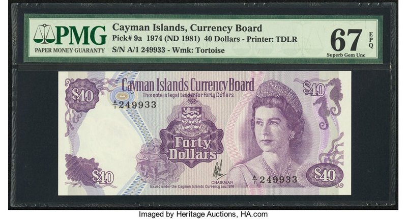Cayman Islands Currency Board 40 Dollars 1974 (ND 1981) Pick 9a PMG Superb Gem U...