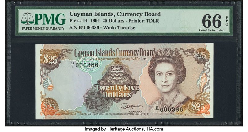 Cayman Islands Currency Board 25 Dollars 1991 Pick 14 PMG Gem Uncirculated 66 EP...