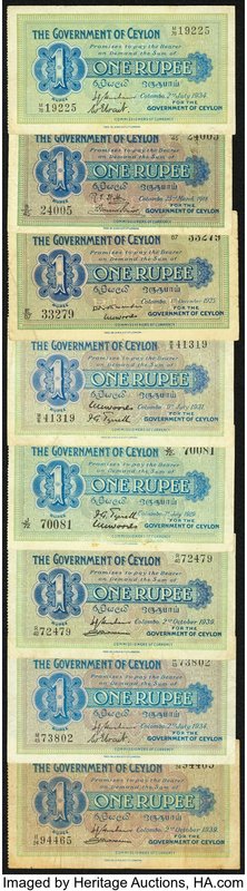 A Selection of Eight 1 Rupee Notes from Ceylon. Very Good or Better. 

HID098012...