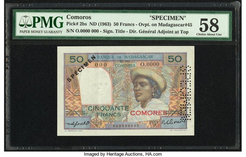 Comoros Banque de Madagascar et des Comores 50 Francs ND (1963) Pick 2bs Specime...