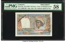 Comoros Banque de Madagascar et des Comores 50 Francs ND (1963) Pick 2bs Specimen PMG Choice About Unc 58. Roulette Specimen; staple holes.

HID098012...