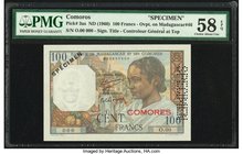 Comoros Banque de Madagascar et des Comores 100 Francs ND (1960) Pick 3as Specimen PMG Choice About Unc 58 EPQ. Roulette Specimen.

HID09801242017