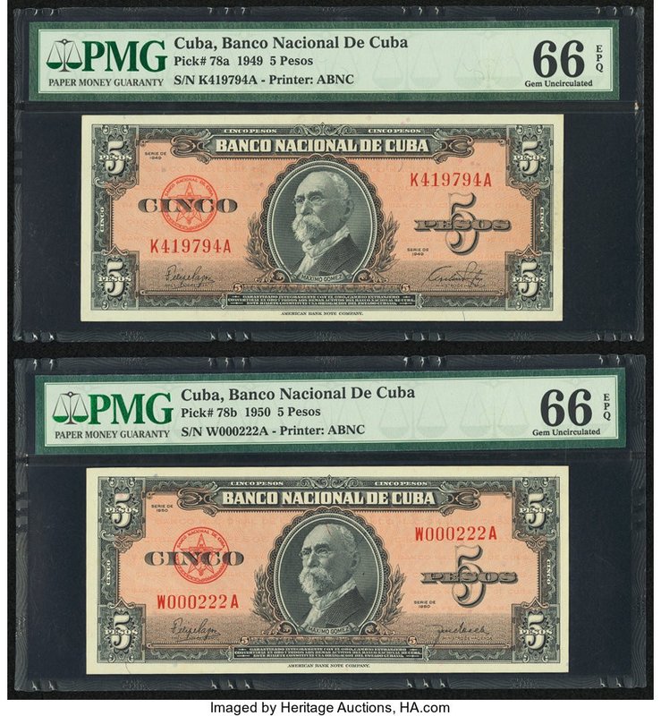 Cuba Banco Nacional de Cuba 5 Pesos 1949; 1950 Pick 78a; 78b Two Examples PMG Ge...