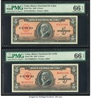 Cuba Banco Nacional de Cuba 5 Pesos 1949; 1950 Pick 78a; 78b Two Examples PMG Gem Uncirculated 66 EPQ. 

HID09801242017