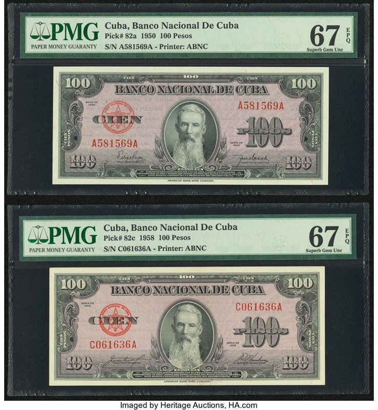 Cuba Banco Nacional de Cuba 100 Pesos 1950; 1958 Pick 82a; 82c Two Examples PMG ...