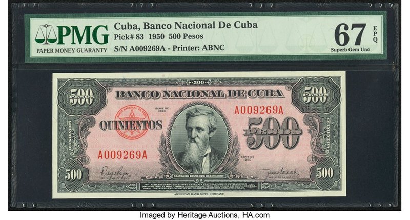 Cuba Banco Nacional de Cuba 500 Pesos 1950 Pick 83 PMG Superb Gem Unc 67 EPQ. 

...
