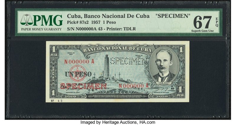 Cuba Banco Nacional de Cuba 1 Peso 1957 Pick 87s2 Specimen PMG Superb Gem Unc 67...