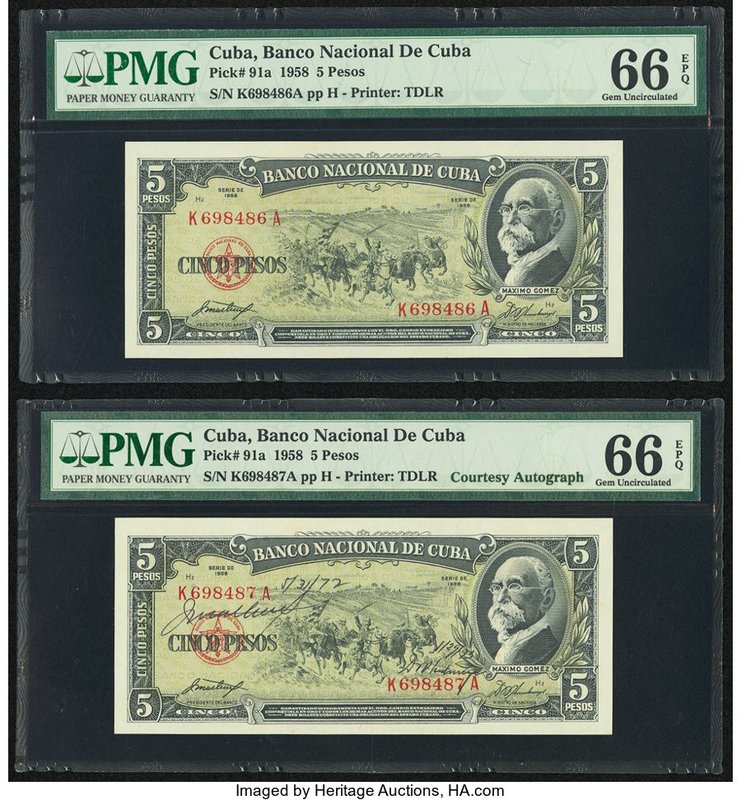 Cuba Banco Nacional de Cuba 5 Pesos 1958 Pick 91a Two Consecutive Examples PMG G...